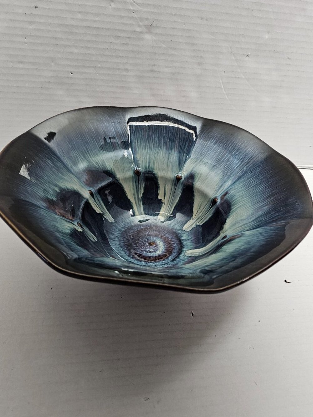 Bill Campbell Studio Pottery Dish Multi Blue Swirl Flambe Bowl Signed